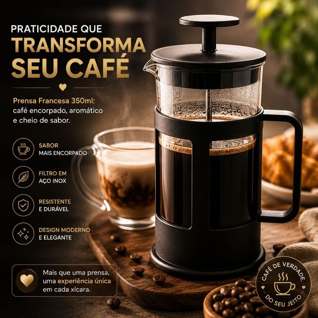 Cafeteira Prensa Francesa 350ml Vidro Borossilicato com Filtro Inox Café Gourmet Garrafa de cafe