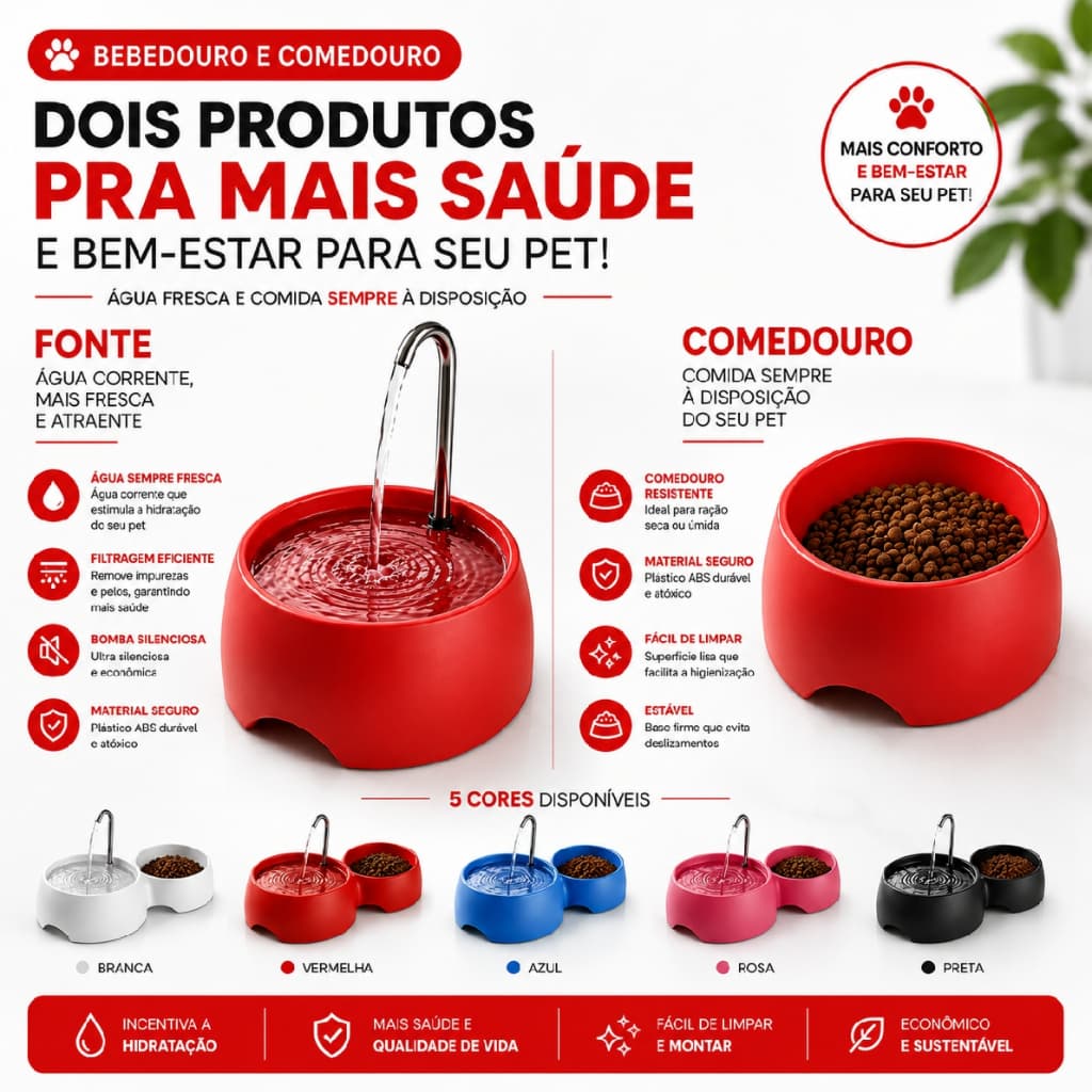 Fonte Bebedouro Cães e Gatos H2O Vermelho + Comedouro extra 600ml