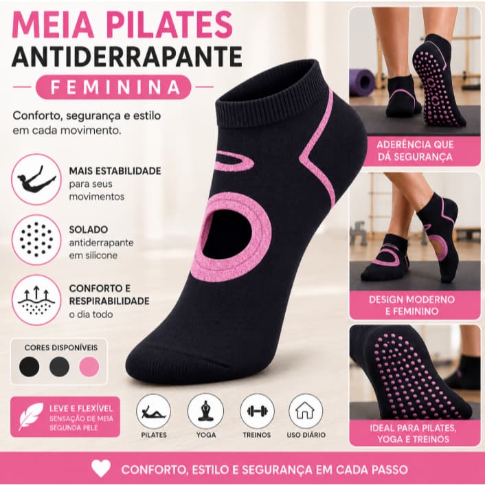 Meia Pilates Antiderrapante Feminina - 04 Cores - Kit 1 Par