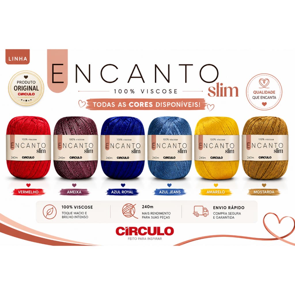 Linha Fio Encanto Slim  Para Croche 240m Circulo 100% Viscose (todas as cores)