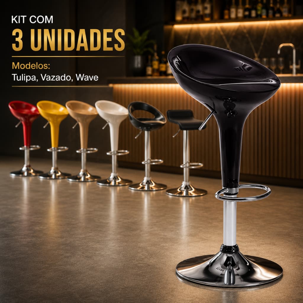 Banqueta Tulipa Alta Giratória Kit 3 Unidades - Cozinha Bar Balcao Encosto Baixo ABS 100KG