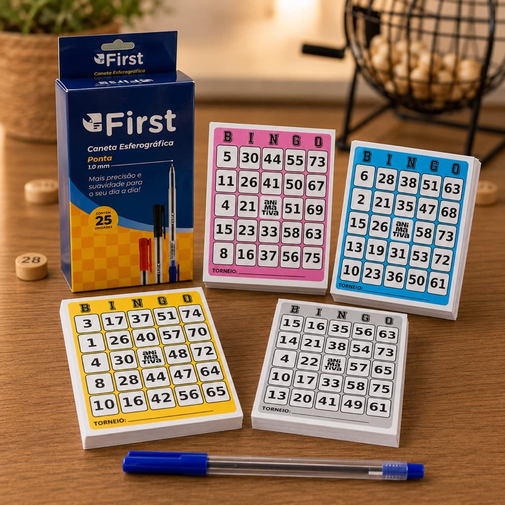 Kit Bingo Completo 96 Cartelas 25 Canetas Azuis Jogos Festas Escola Igreja Eventos Família Reuniões