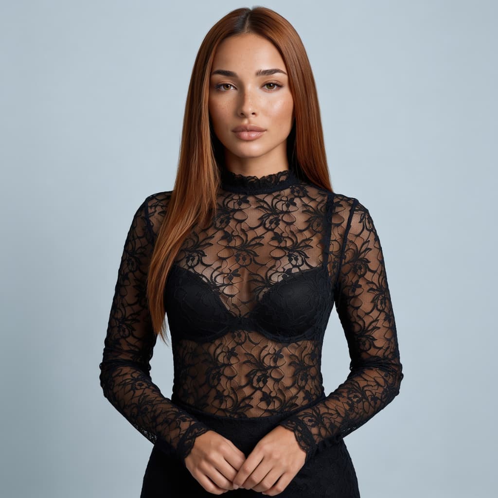 Blusa Feminina Tule Transparente Manga Longa Renda Floral
