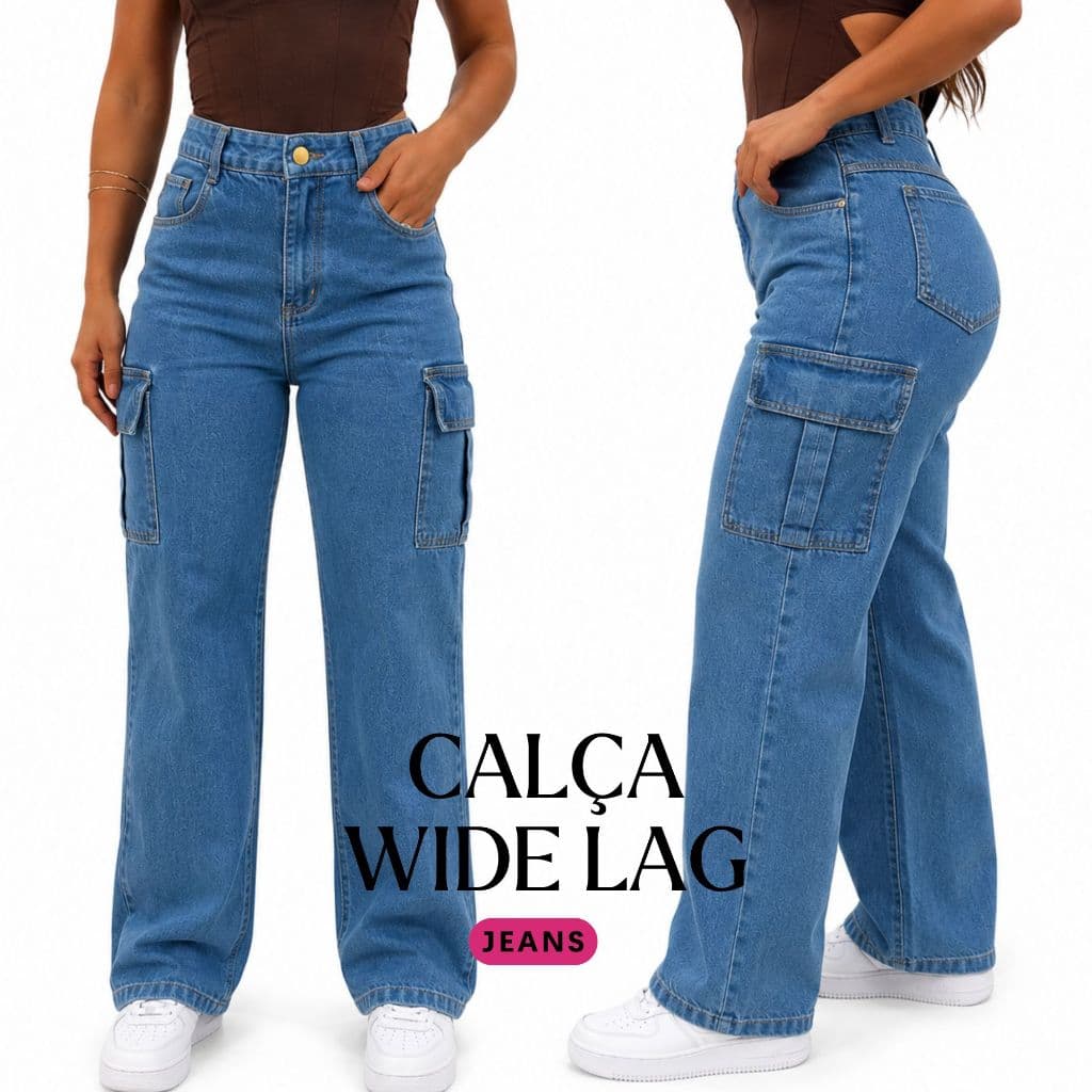 Calça Jeans Wide Leg Feminina Cintura Alta Bolso Cargo Lateral Jeans Claro Calça Para Mulheres Calça 36 a 46