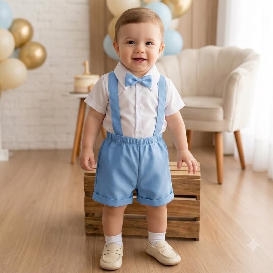 Conjunto Infantil Menino Roupa Batizado Bege Azul Preto Chefinho Camisa Branca