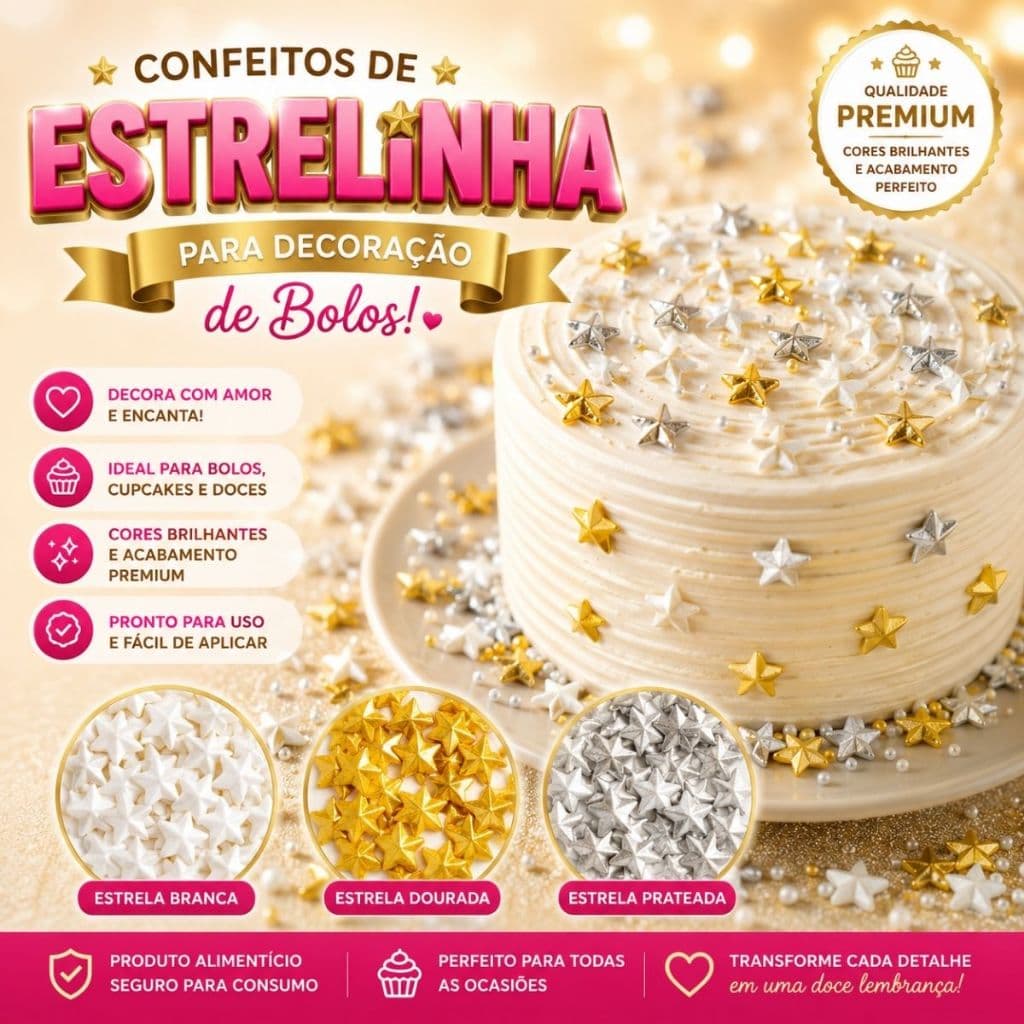 Confeitos de Açúcar de estreilinhas branca - dourada 100% Comestíveis Para Decoração De Doces