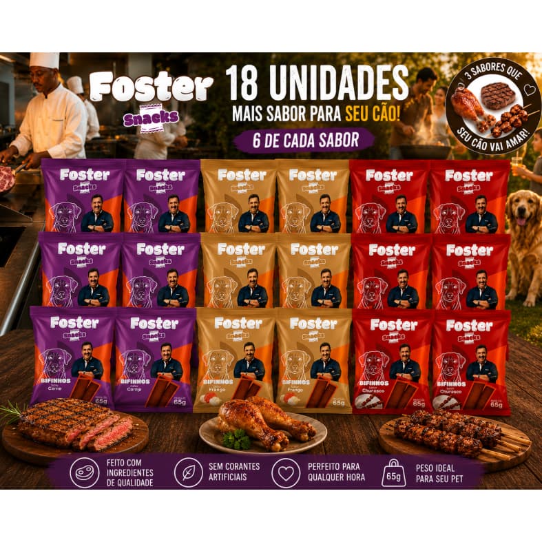 Kit 18 Petiscos para Cachorro Foster Snacks Bifinhos 65g – 3 Sabores