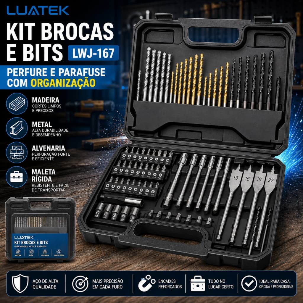 Luatek LWJ-167 – Kit Completo de Brocas e Bits Profissionais para Madeira, Metal e Alvenaria com Maleta Organizadora