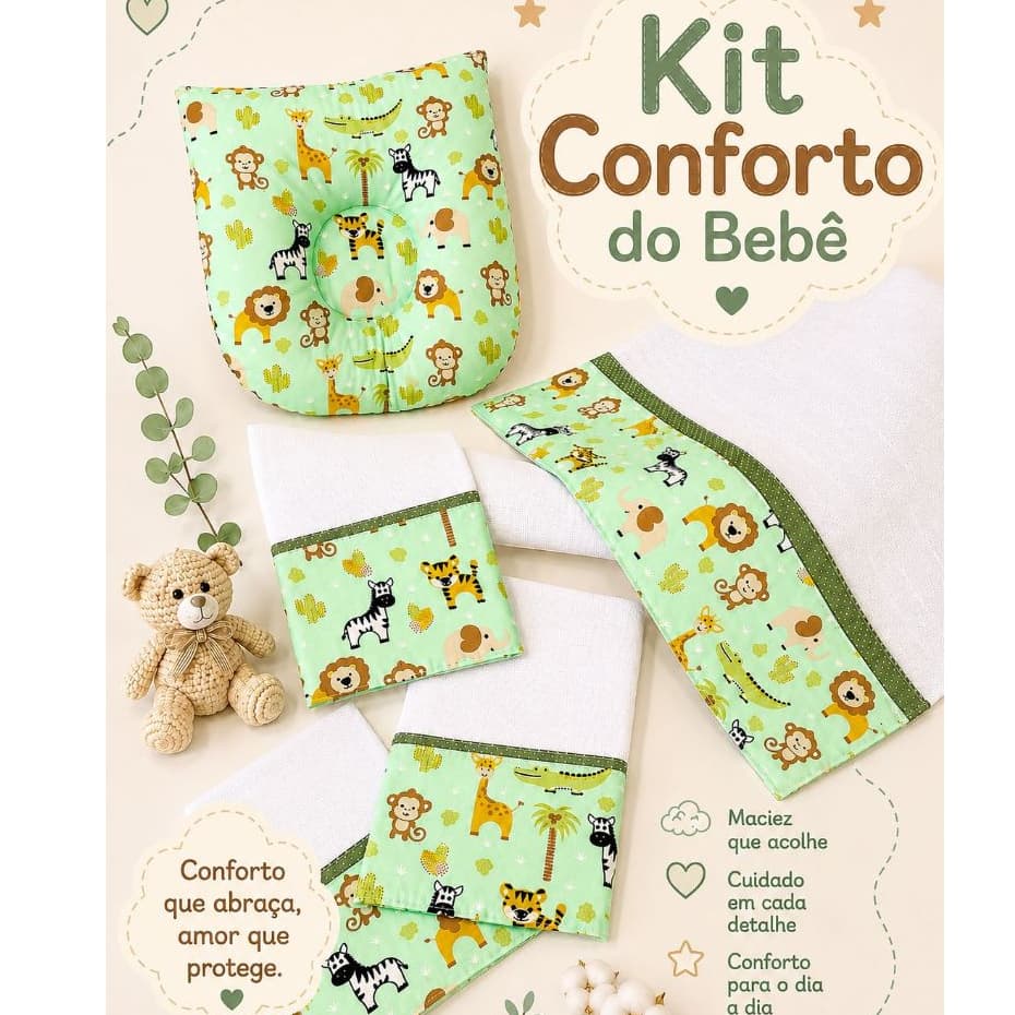 Kit Conforto do Bebê 3 Fraldas de boca 1 Fralda de ombro 1 Travesseiro Anatômico para bebê 100%Algodão Menino e Menina