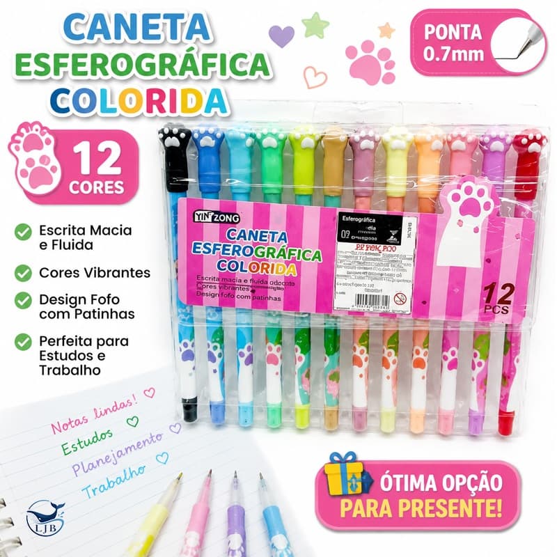 12pcs Conjunto de Canetas Gel com Ativação por Pressão em Formato de Pata de Gato