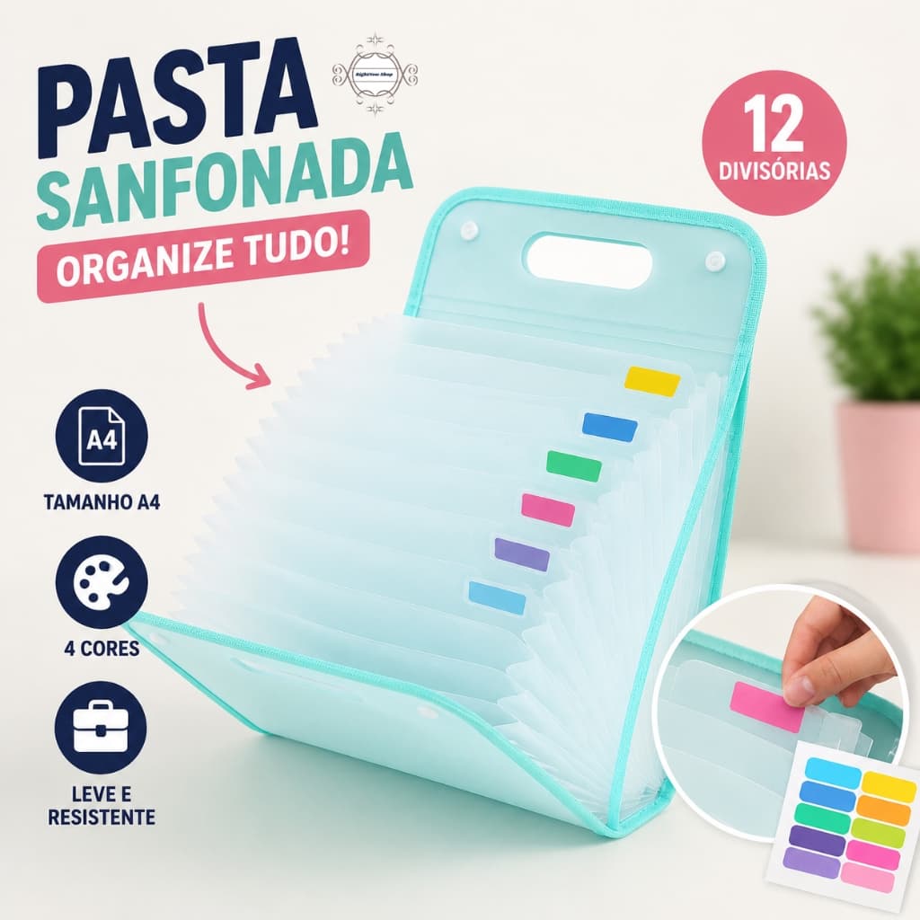 Organizador de Documentos Pasta Sanfonada A4 12 Divisórias Expansível Colorido Escritório