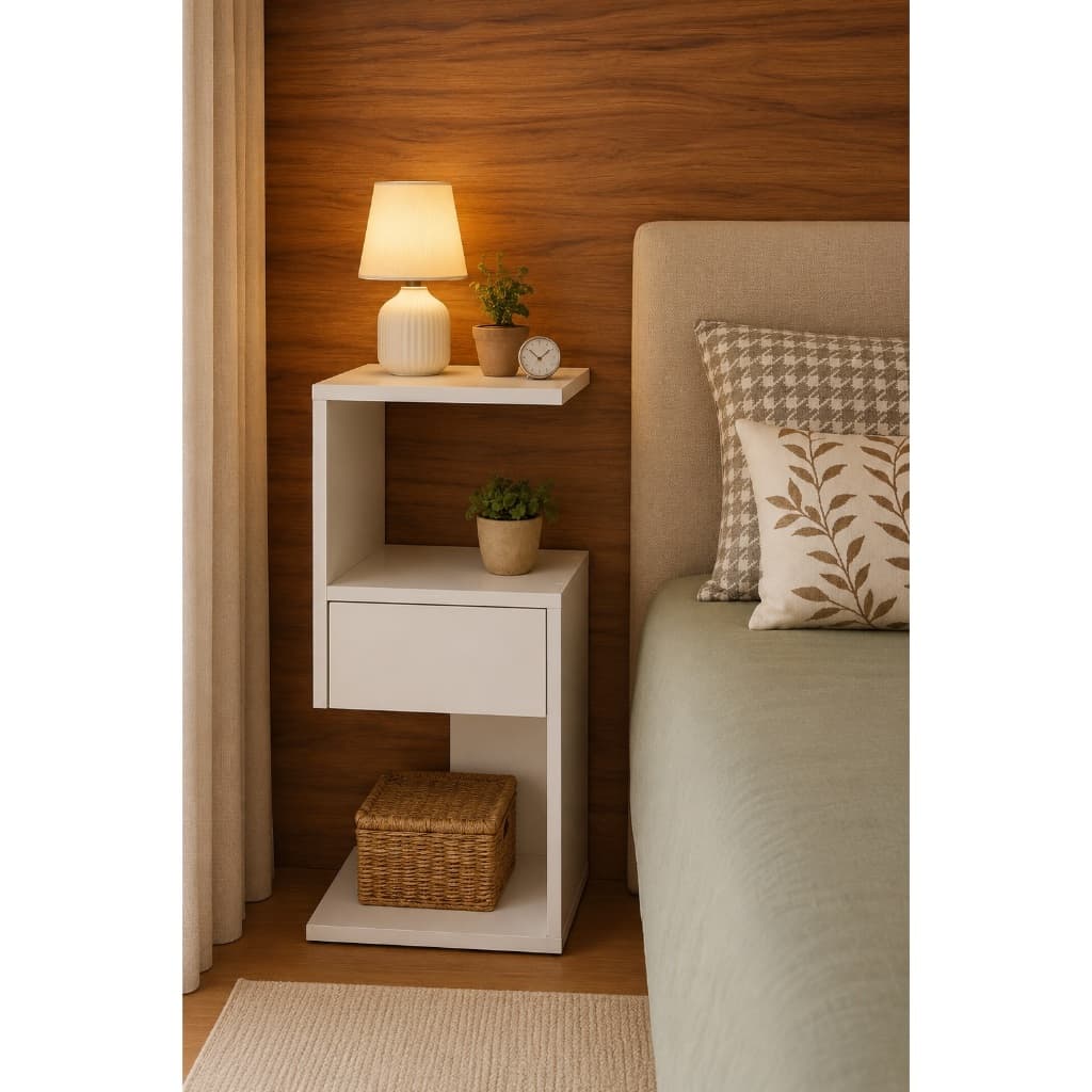 Mesa de Cabeceira Lado S ou 2 1 Gaveta com Nicho Organizador 30x70x30 Branco Fosco – Moderna para Quarto