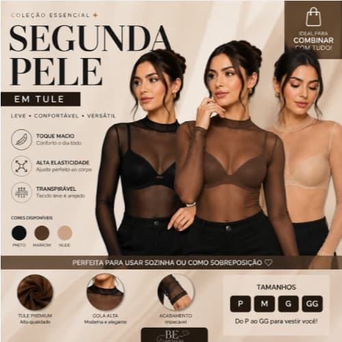 Segunda Pele Feminina Manga Longa | Tule Premium | Inverno | Casual, Versatil