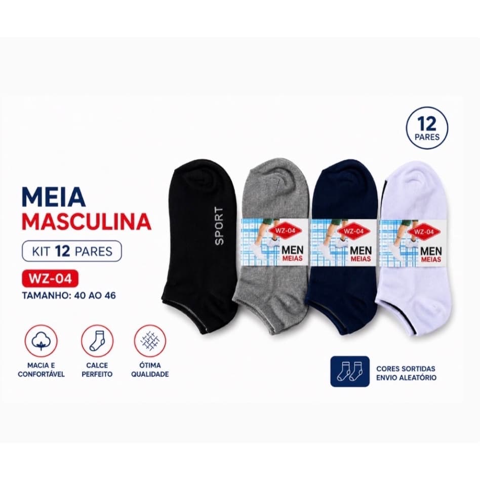 Kit 12 Pares Meia Masculina Cano Curto Sport Esportiva Algodão Tamanho 40 ao 46