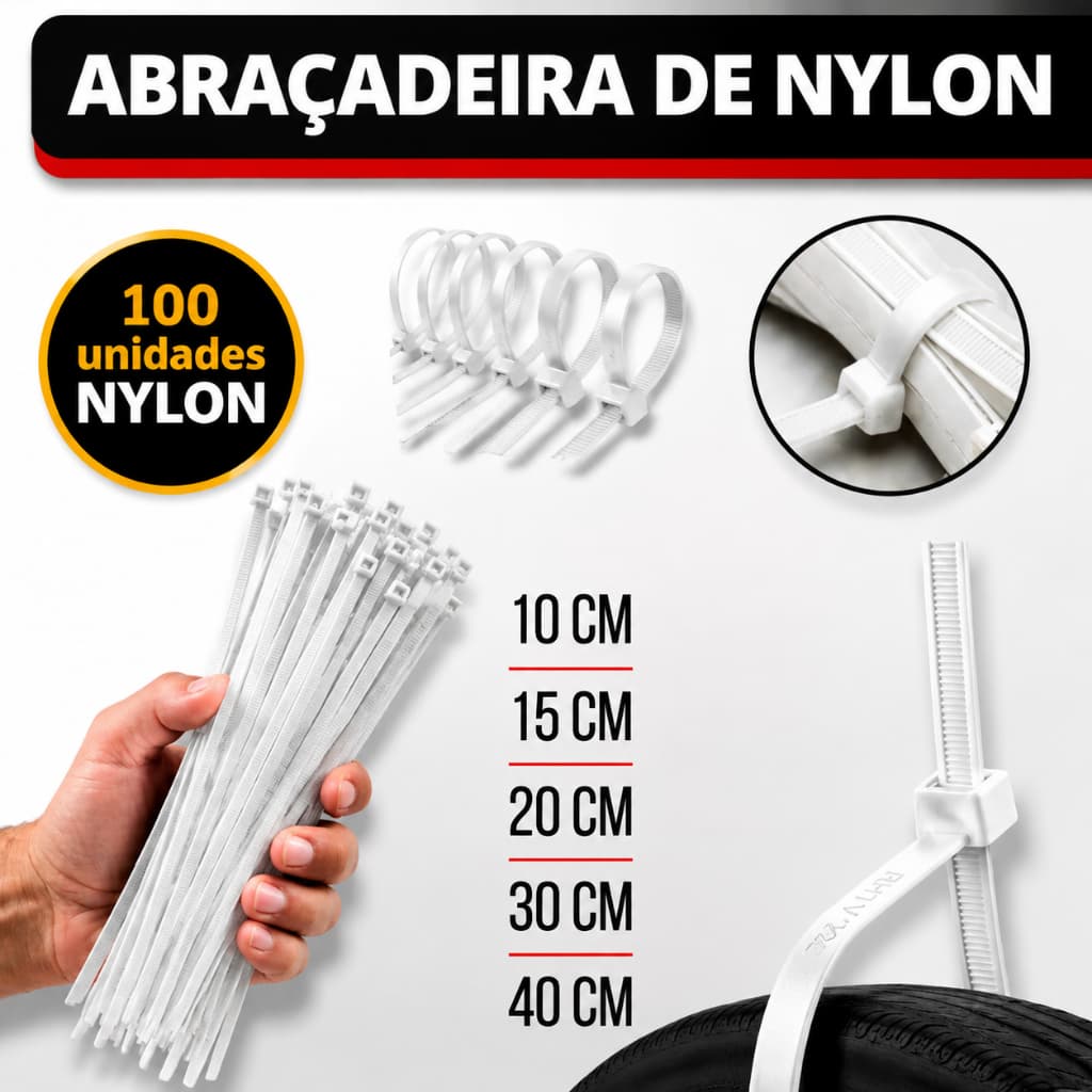 Kit 100 Abraçadeira de Nylon Branco Cinta Plástica Enforca Gato Da Cor Branco 10cm 15cm 20cm 25cm 30cm 35cm