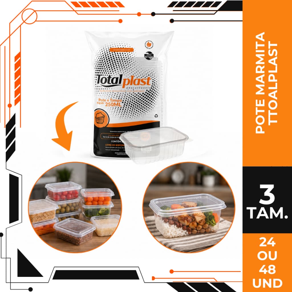 Kit Pote Retangular Com Tampa Total Plast Para Marmita Delivery Armazenamento de Alimentos