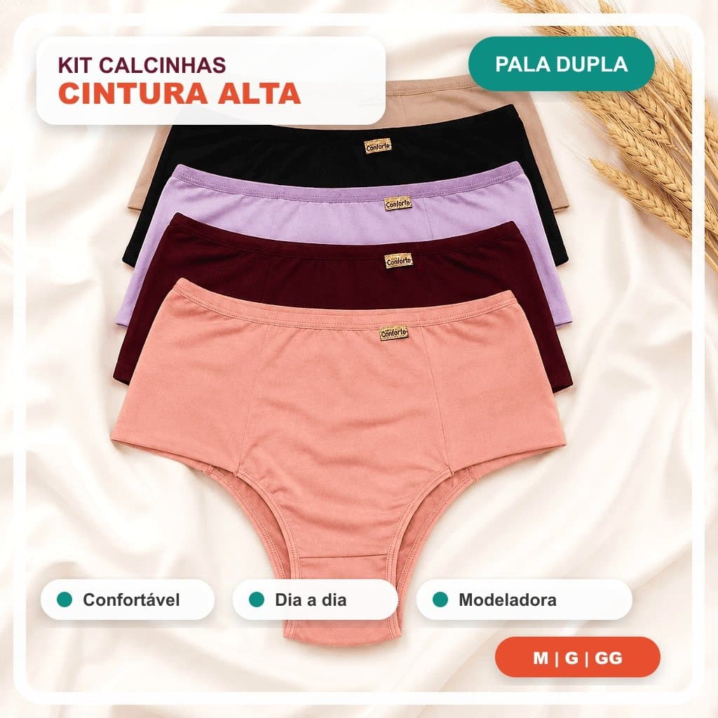 Kit Calcinhas Pala Dupla Cintura Alta Feminina Cós Alto Segura Barriga Confortável Modeladora