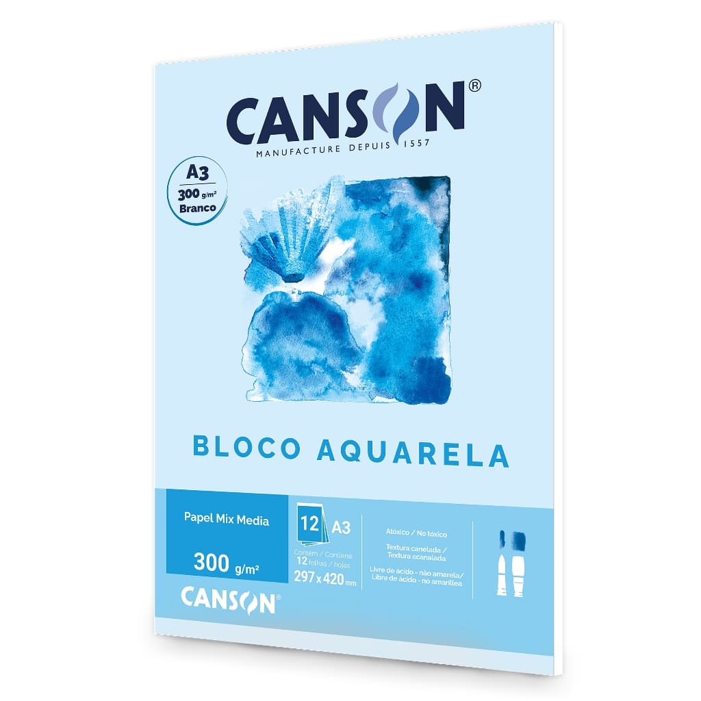 Bloco De Papel Canson Aquarela - 300g - A3 (29,7cmx42cm)  - 12 Folhas