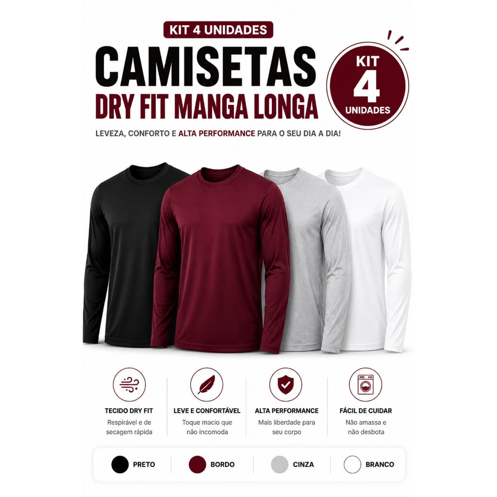 Kit 4 Camisetas Masculina Manga Longa Algodão Premium 100% - ENVIOIMEDIATO ATE 24HR