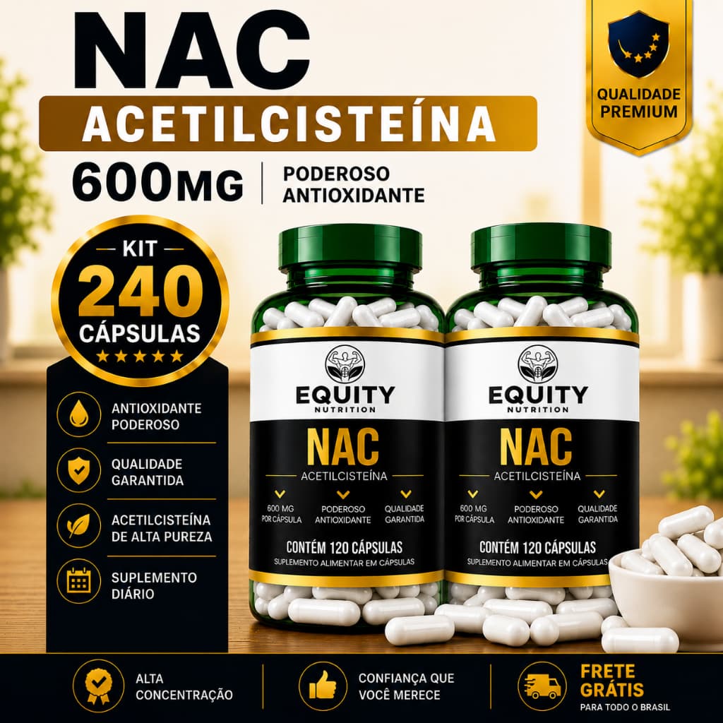 NAC N-Acetilcisteína 600mg 240 Cápsulas Suplemento Alimentar Alta Concentração Equity Nutrition