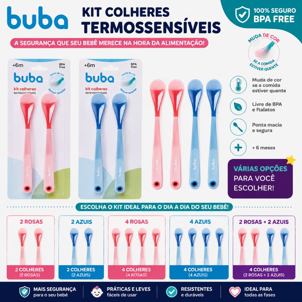 Kit 2 ou 4 Colher Termossensível Buba Muda de Cor Quando Quente Livre de Bpa Escolha a Seu Kit