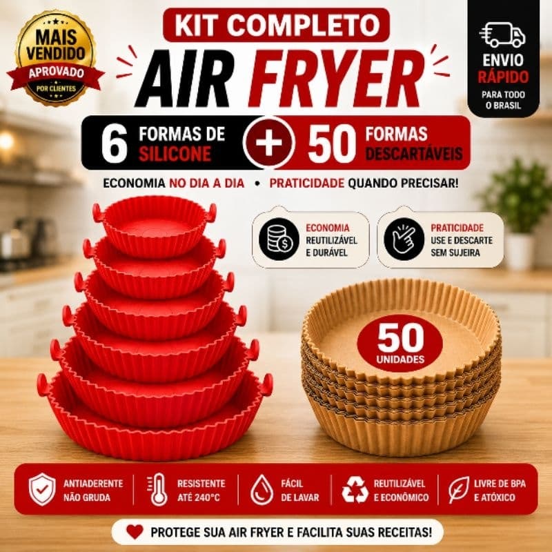 kit 50 Formas de Papel Airfryer + 6 Formas de Silicone Tamanhos Variados Microondas Forno Lavável com Alça