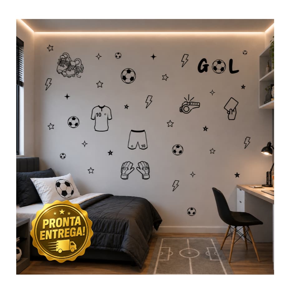 ⚽🥅 Adesivo de Parede Infantil Futebol | Kit Completo Bola, Chuteira, GOL e Estrelas ⭐
