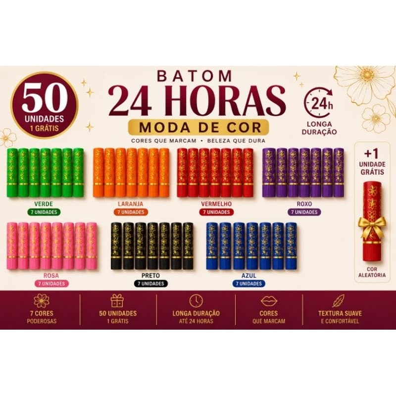 Kit 50 Batons 24 Horas Moda de Cor 7 Cores Sortidas Longa Duração +1 Grátis