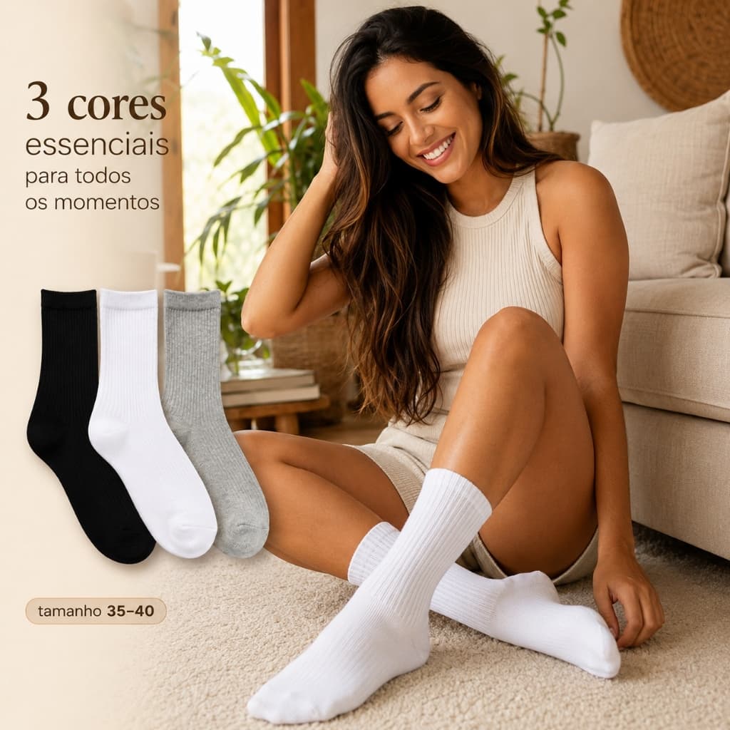 Kit 6 Pares Meia Feminina Cano Médio Canelada Básica Macia