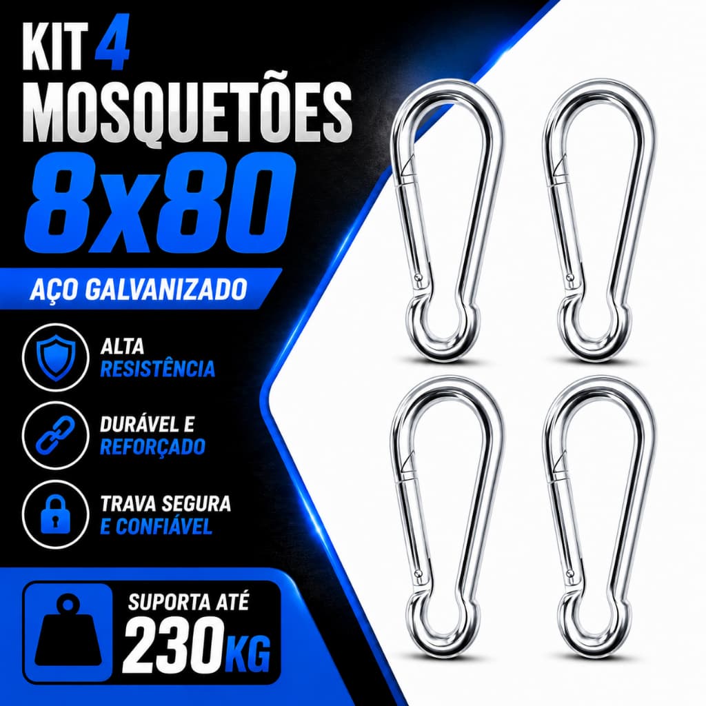 Kit 4 Mosquetão 8x80 Academia Musculação Suporte Gancho Aço Carbono Trava Simples 230kg Fitness