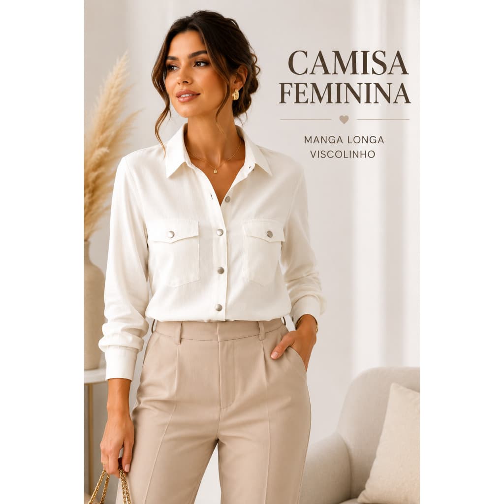 Camisa Feminina Manga Longa Off White Viscolinho Gola Social Bolsos Frontais Botões Metálicos Casual