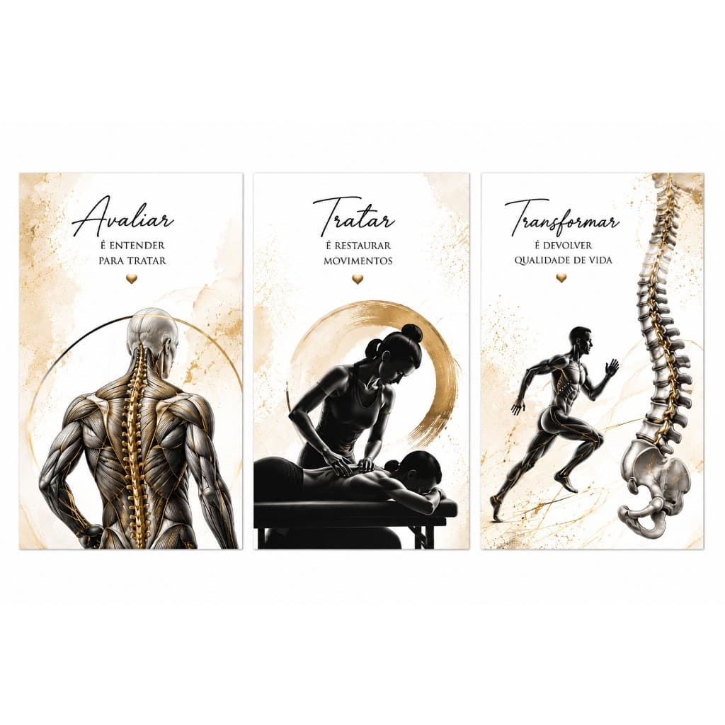 Kit 3 Quadros Decorativos Fisioterapia Anatomia Coluna Consultório Clínica MDF Sem Moldura