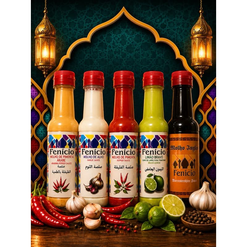 Kit com 5 molho fenício - molho: pimenta árabe, pimenta, alho, limão, inglês, Antigo molho beirute