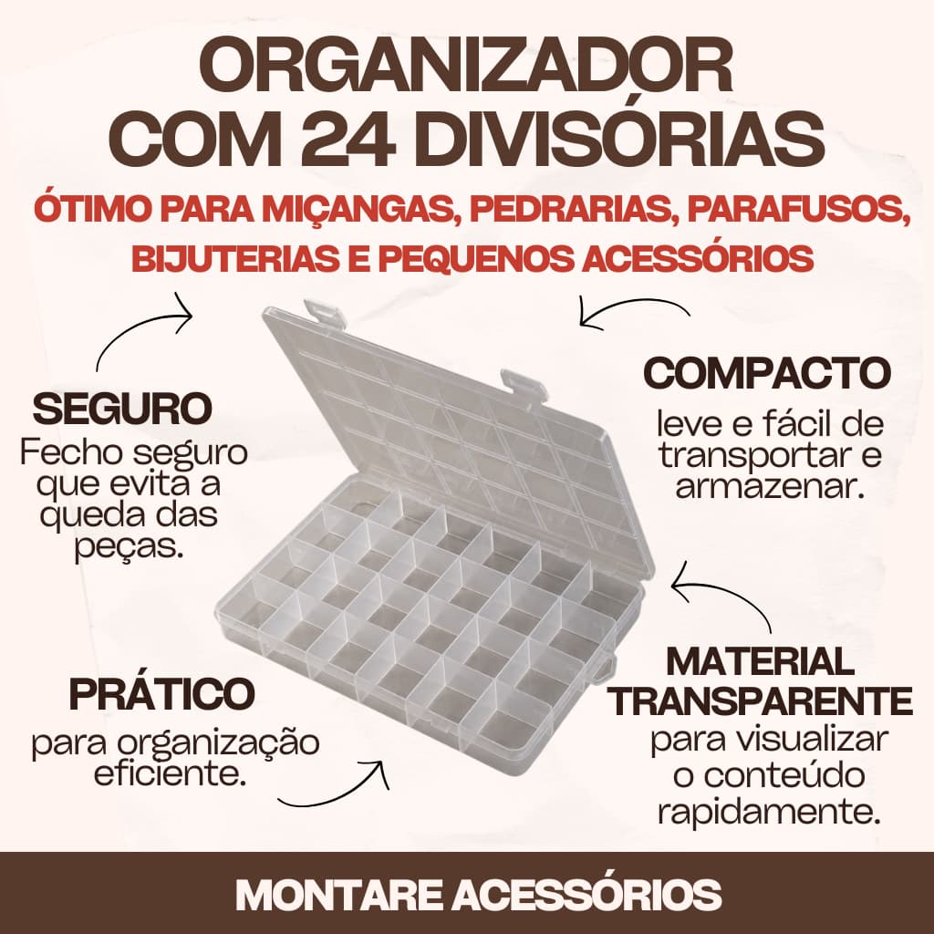 Caixa organizadora com 24 divisórias transparente com travas tam 19x13x1,8cm caixa multiuso miçanga parafusos artesanato