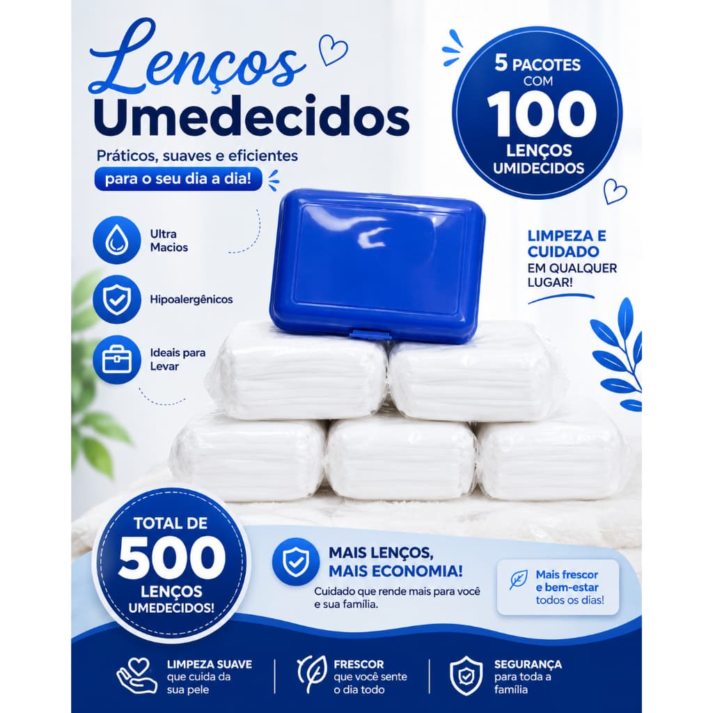 KIT TOALHAS UMDECIDAS(5 PACOTES DE 100 UNIDADES)+PORTA LENÇO DE BRINDE