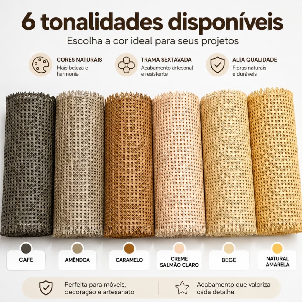 Palhinha Indiana Palha da India Sextavada Tela Rattan Natural Celulose 1,00x50cm