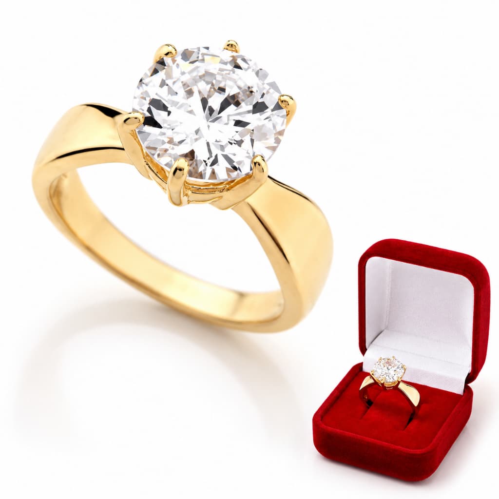 Anel Solitário Zircônia 10mm + Caixinha veludo Banhado A Ouro 18k
