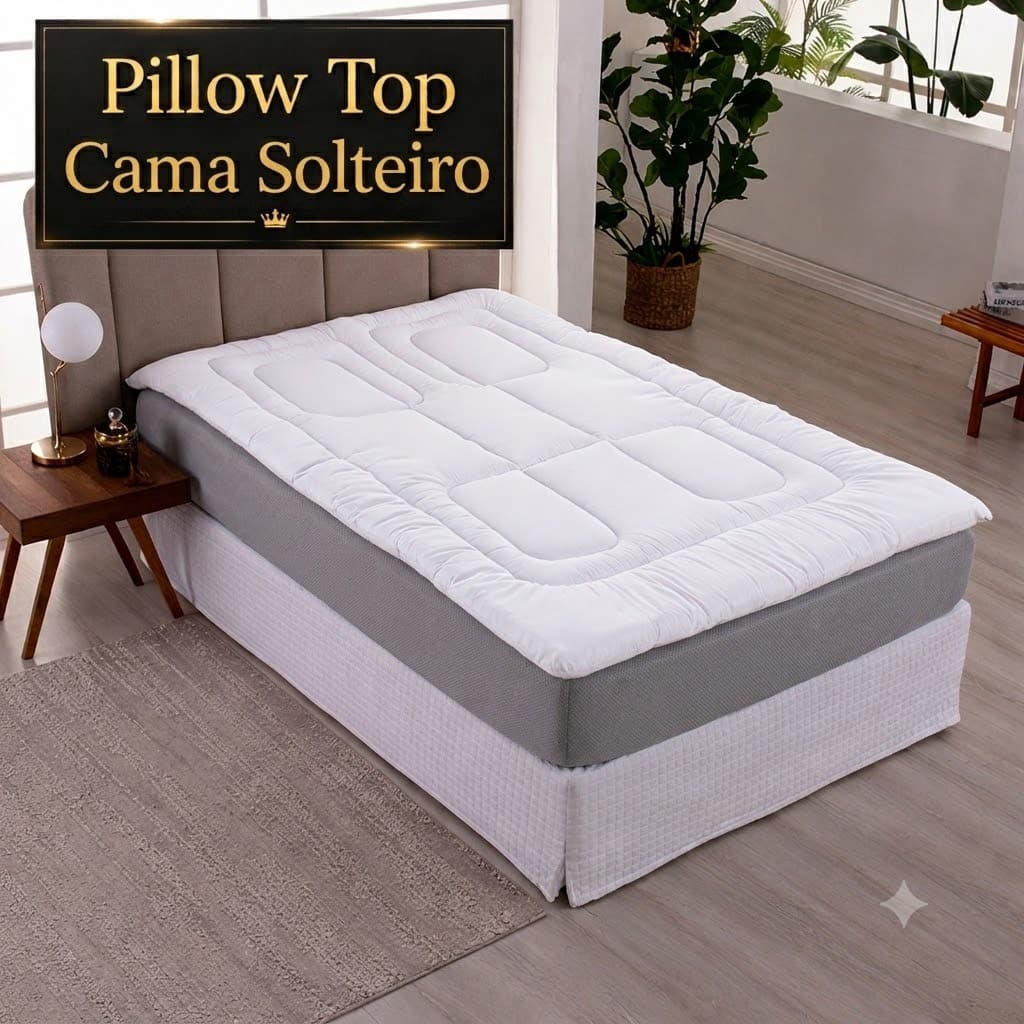 Pillow Top Solteiro Siliconado 600g Elástico Ajustável 20 a 30cm 5cm Espessura Toque Sedoso Hotel