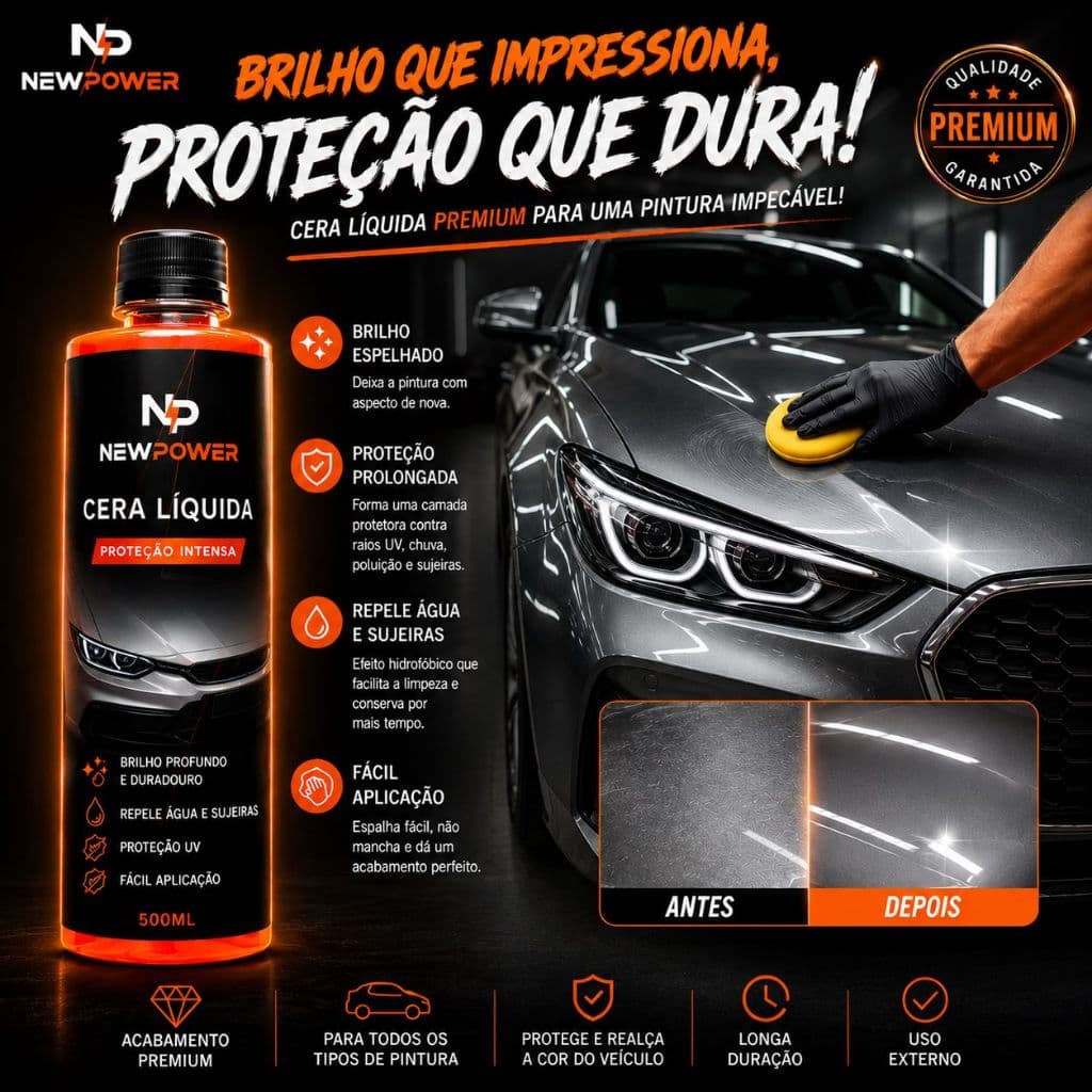 Cera Líquida Cristalizadora com Carnaúba New Power Brilho Espelhado e Repelência à Água 500ml