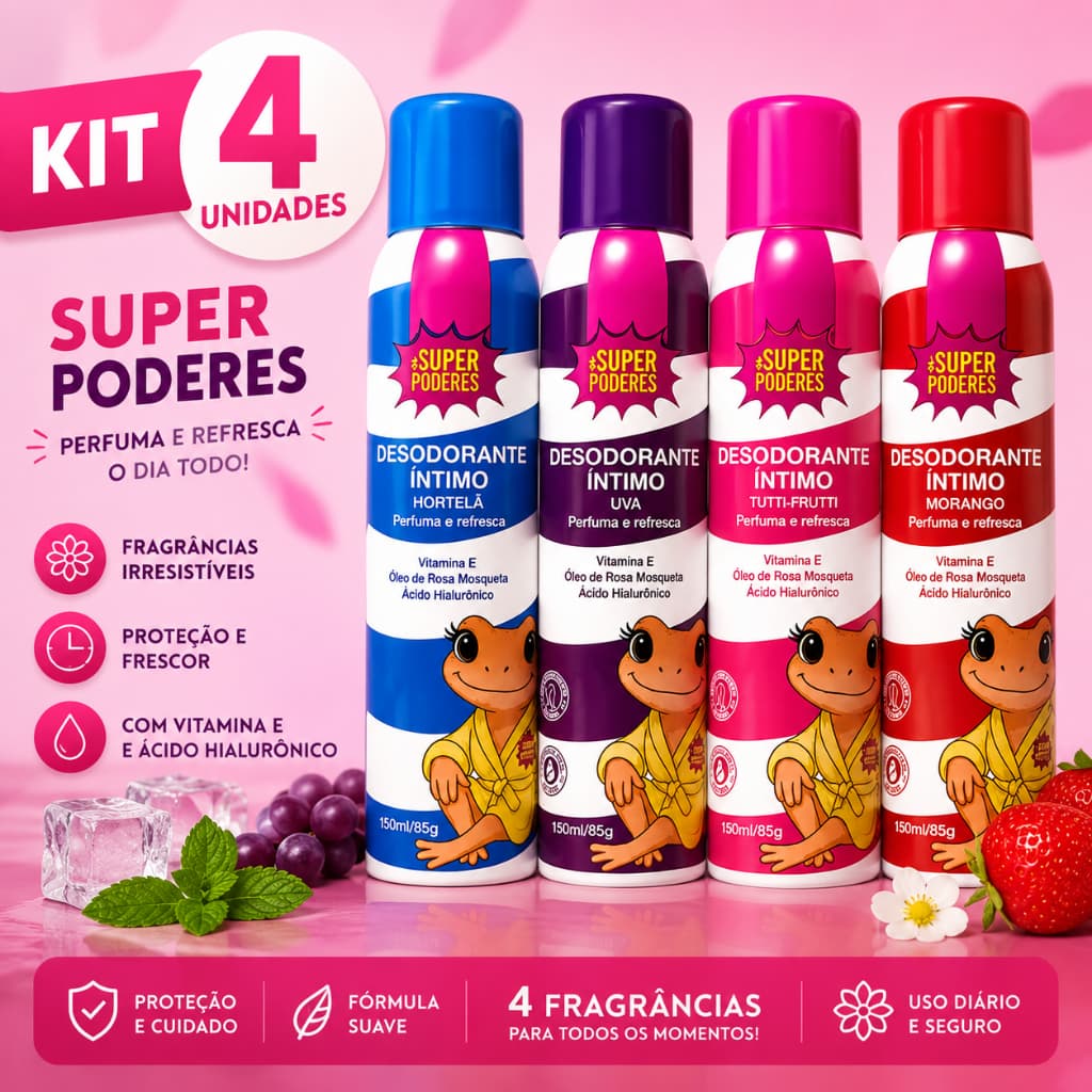 Super Poderes Kit 4 Desodorante de Virilha Uva, Morango, Tutti Frutti e Hortelã