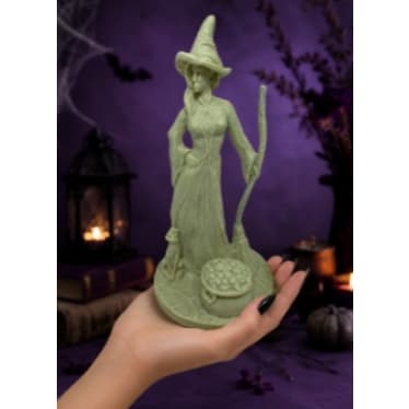 Escultura em Resina Bruxa Com Vassoura 21 cm Estatueta Para Decoração