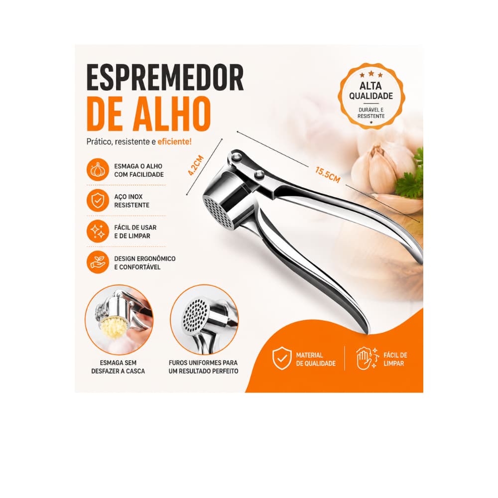 Espremedor de Alho em Aço Inox Manual Resistente Triturador Amassador Profissional Cozinha Marca Original Premiu