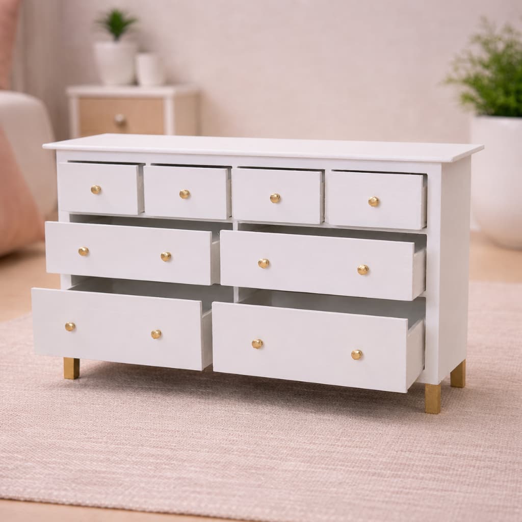 Cômoda Gaveteiro para Bonecas Barbie ou Polly, gavetas que abrem, escalas 1:6 e 1:12 Miniatura