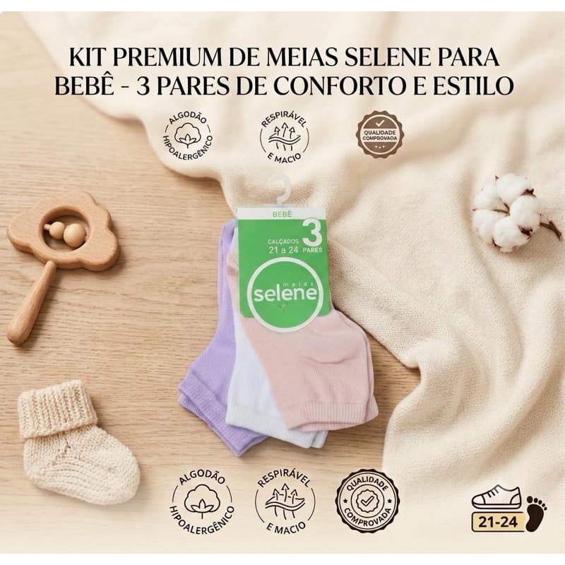 Kit 03 Pares de Meias Infantil Tamanho 21 - 24 SELENE Algodão Cano Curto Respirável Confortável