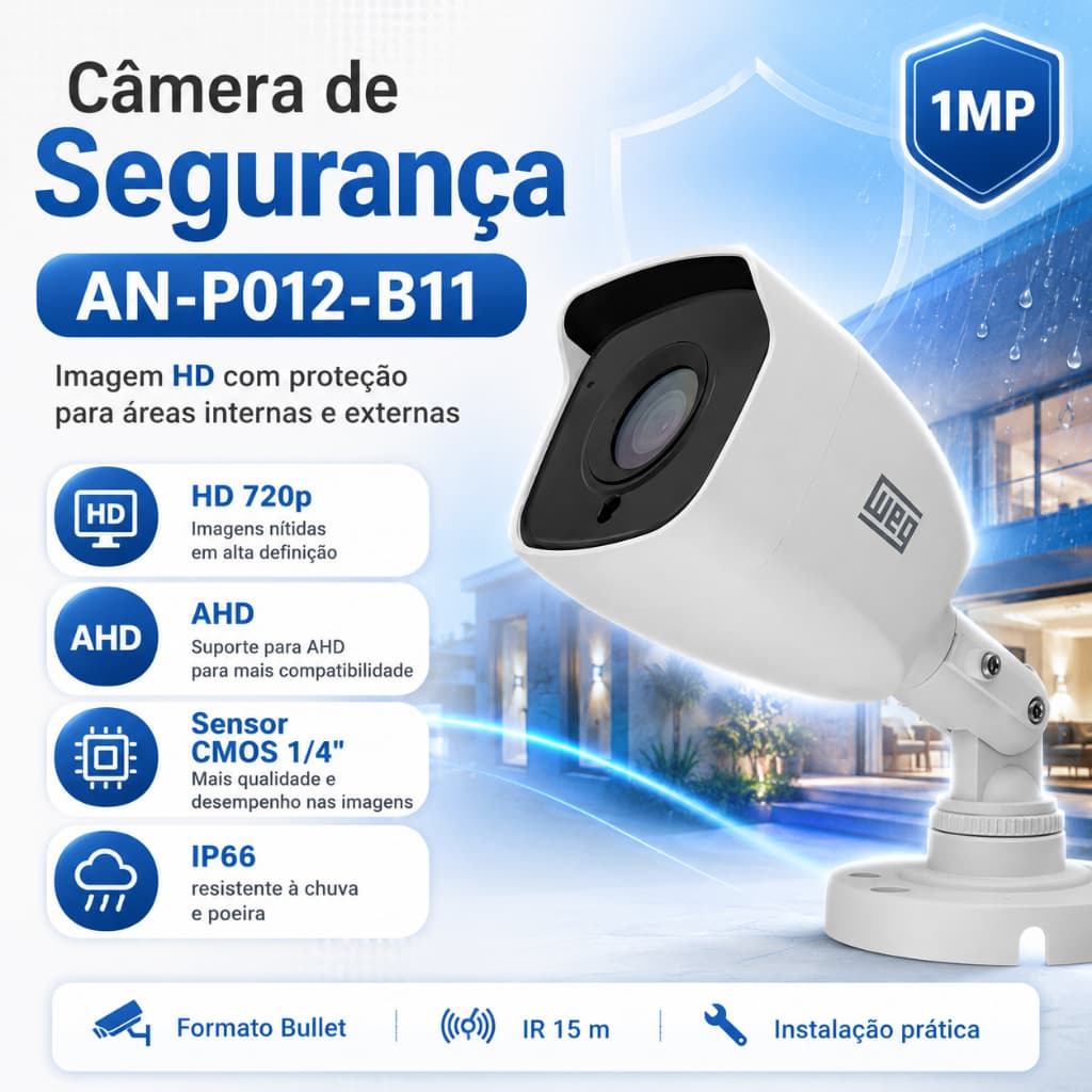 Câmera de Segurança 1MP HD 720p AHD Bullet IP66 IR 15m para Área Interna e Externa