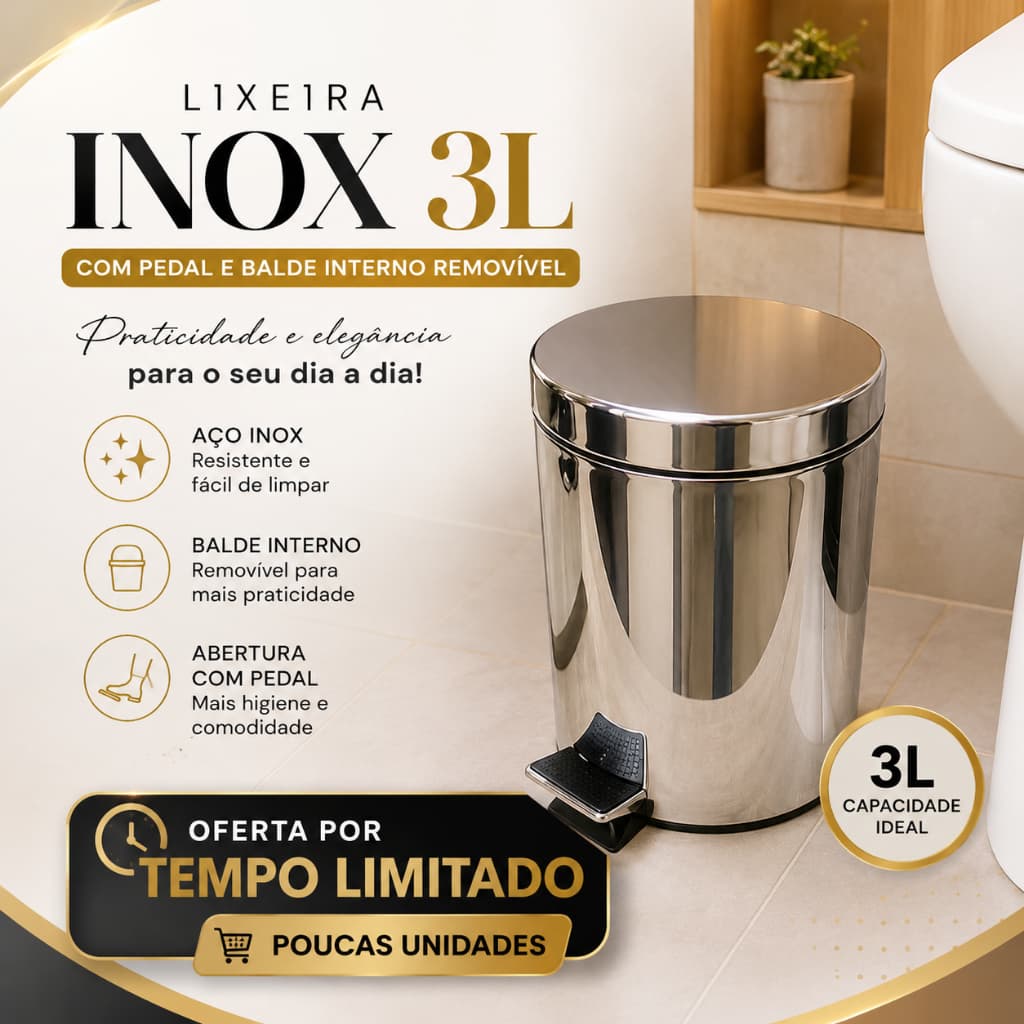 Lixeira Inox Pedal 3 Litros Balde Removivel Design Moderno Duravel