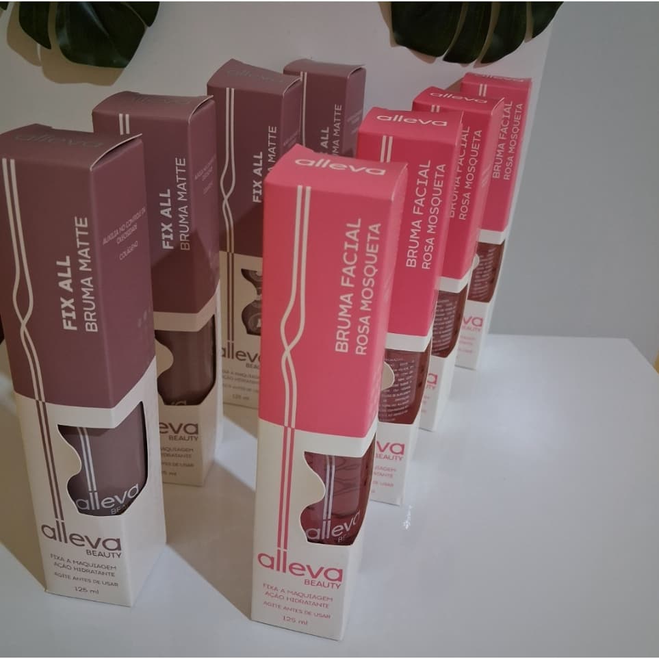 Bruma Facial fixadora Alleva Beauty  Rosa Mosqueta (Embalagem Rosa) Bruma Facial Fix All Matte (Embalagem Marro)