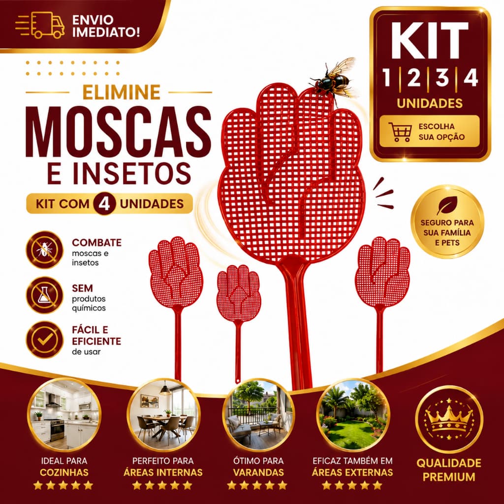 Mata Mosca Manual Reforçado 1/2/3/4 Espanta Moscas Mosquitos Pernilongos Sem Veneno Resistente e Durável