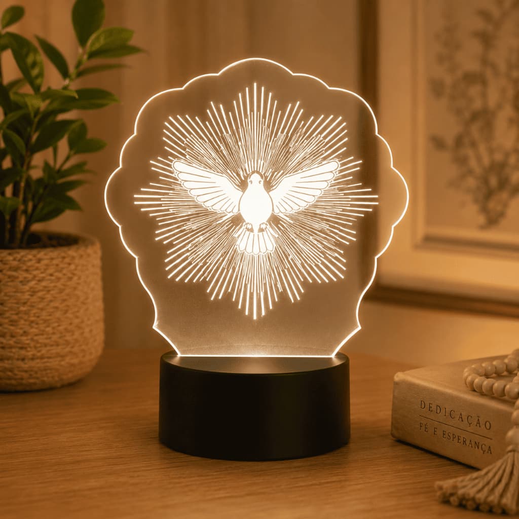 Luminária LED 3D Espírito Santo – Abajur Religioso Decorativo com Luz Suave para Quarto Sala e Presente