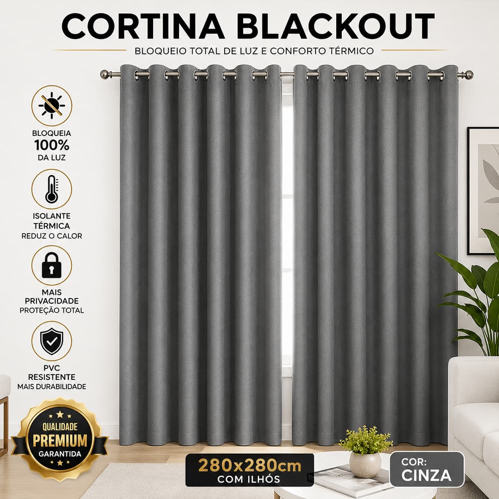 Cortina Blackout PVC 280x280 Cinza Corta Luz Térmica Com Ilhós Sala Quarto Grande 100% Blackout